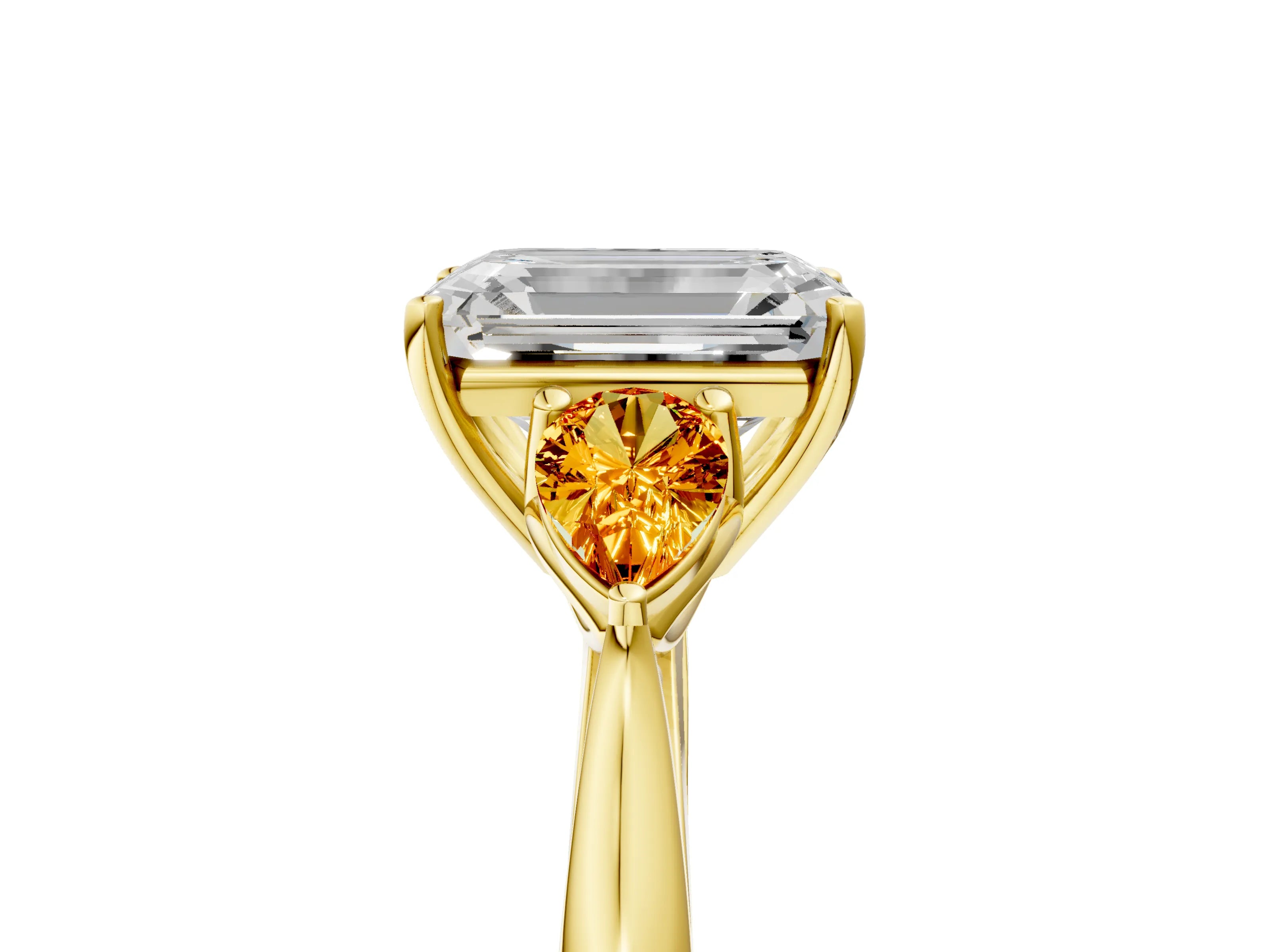 Yellow gold Emerald Cut Diamond Three-Stone Ring with Pear with Citrine side stone Side Stones and Prong Setting_5