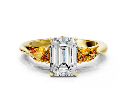 Yellow gold Emerald Cut Diamond Three-Stone Ring with Pear with Citrine side stone Side Stones and Prong Setting