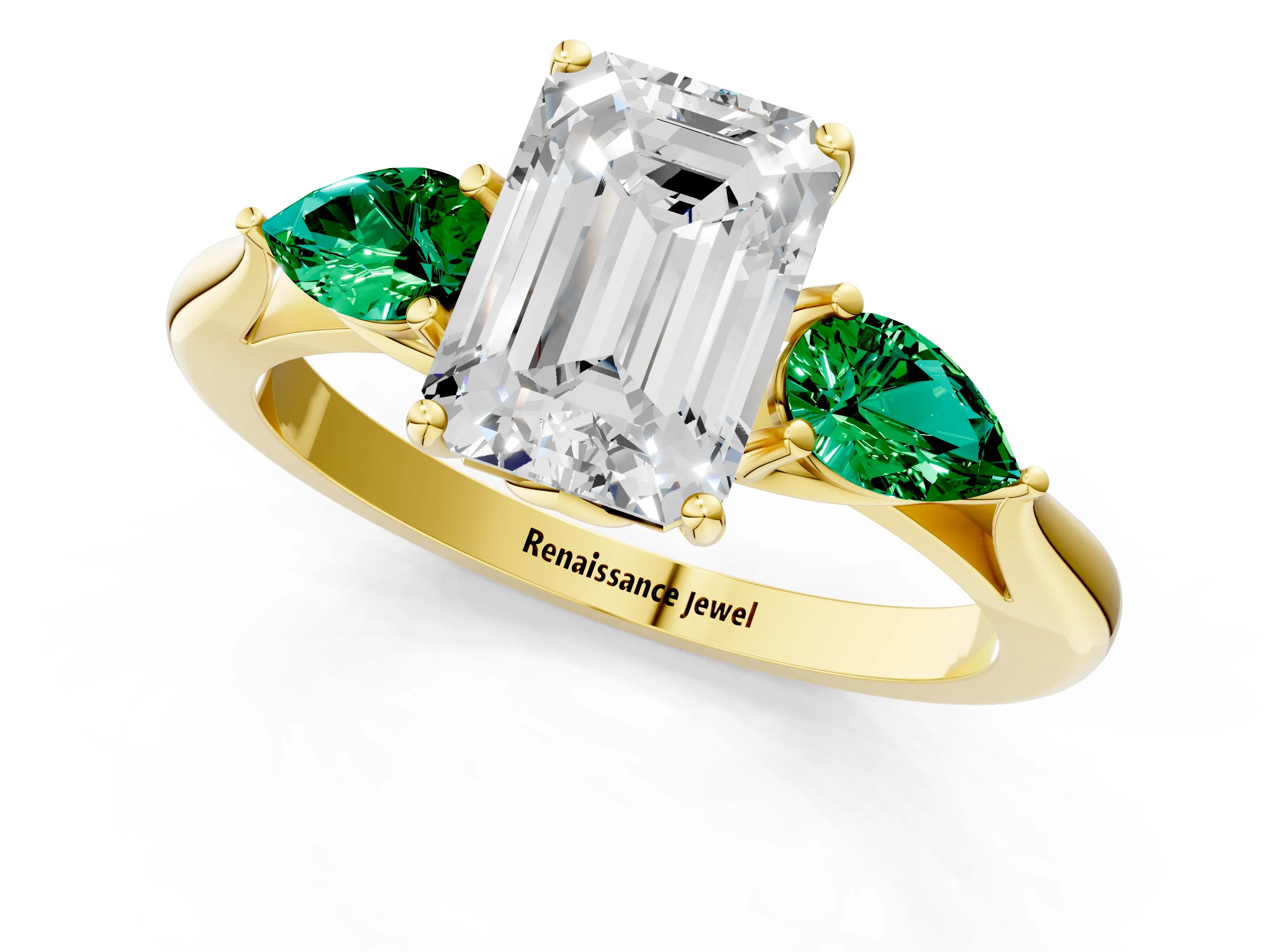 Yellow gold Emerald Cut Diamond Three-Stone Ring with Pear with Emerald side stone Side Stones and Prong Setting_1