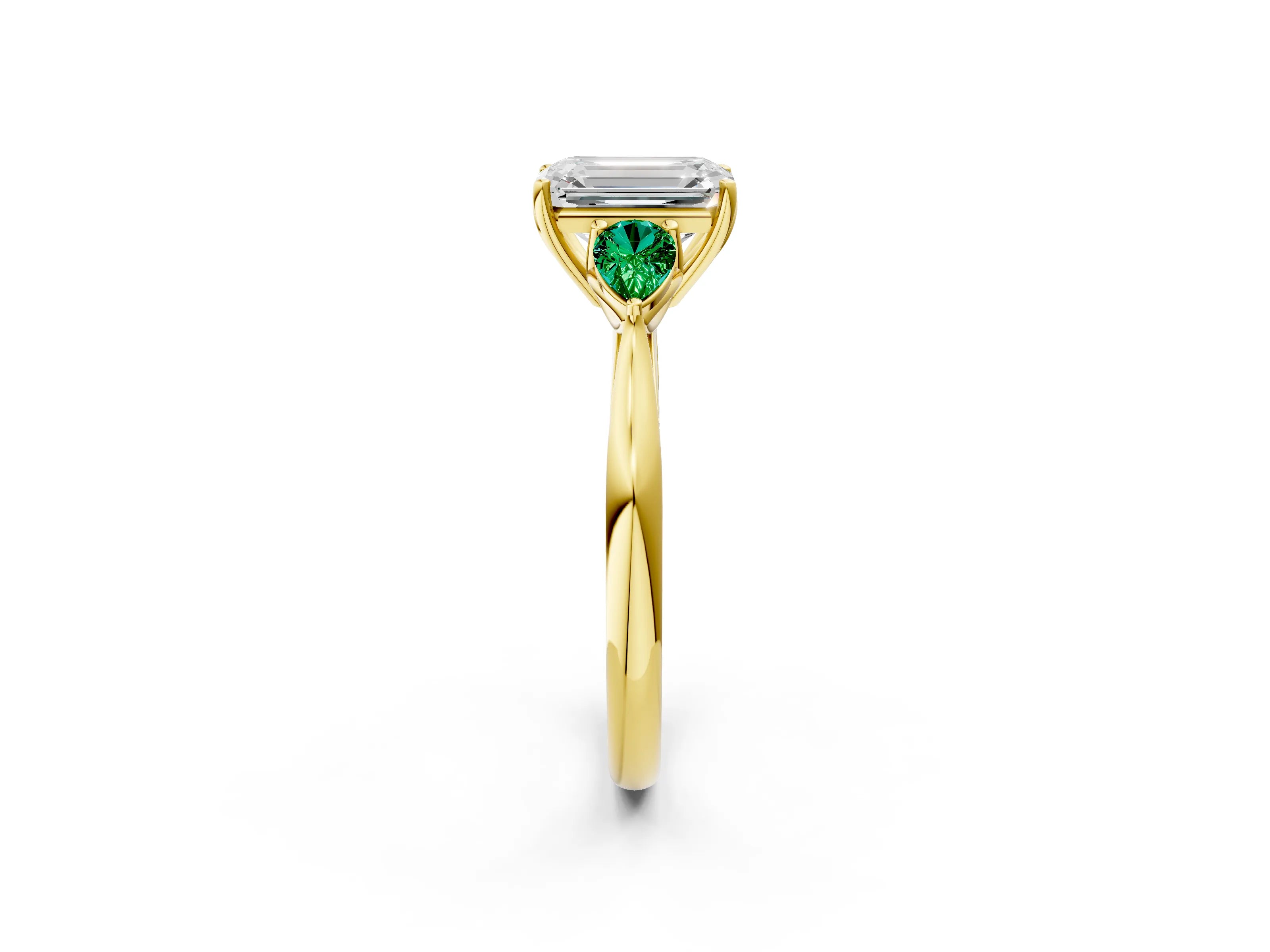 Yellow gold Emerald Cut Diamond Three-Stone Ring with Pear with Emerald side stone Side Stones and Prong Setting_2