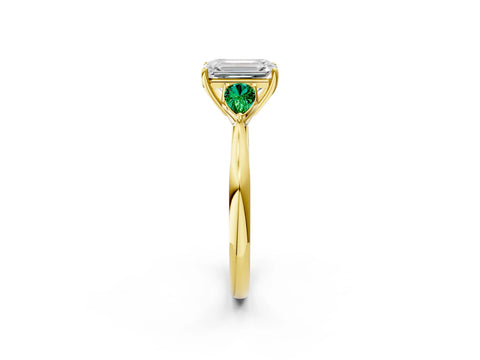Yellow gold Emerald Cut Diamond Three-Stone Ring with Pear with Emerald side stone Side Stones and Prong Setting_2