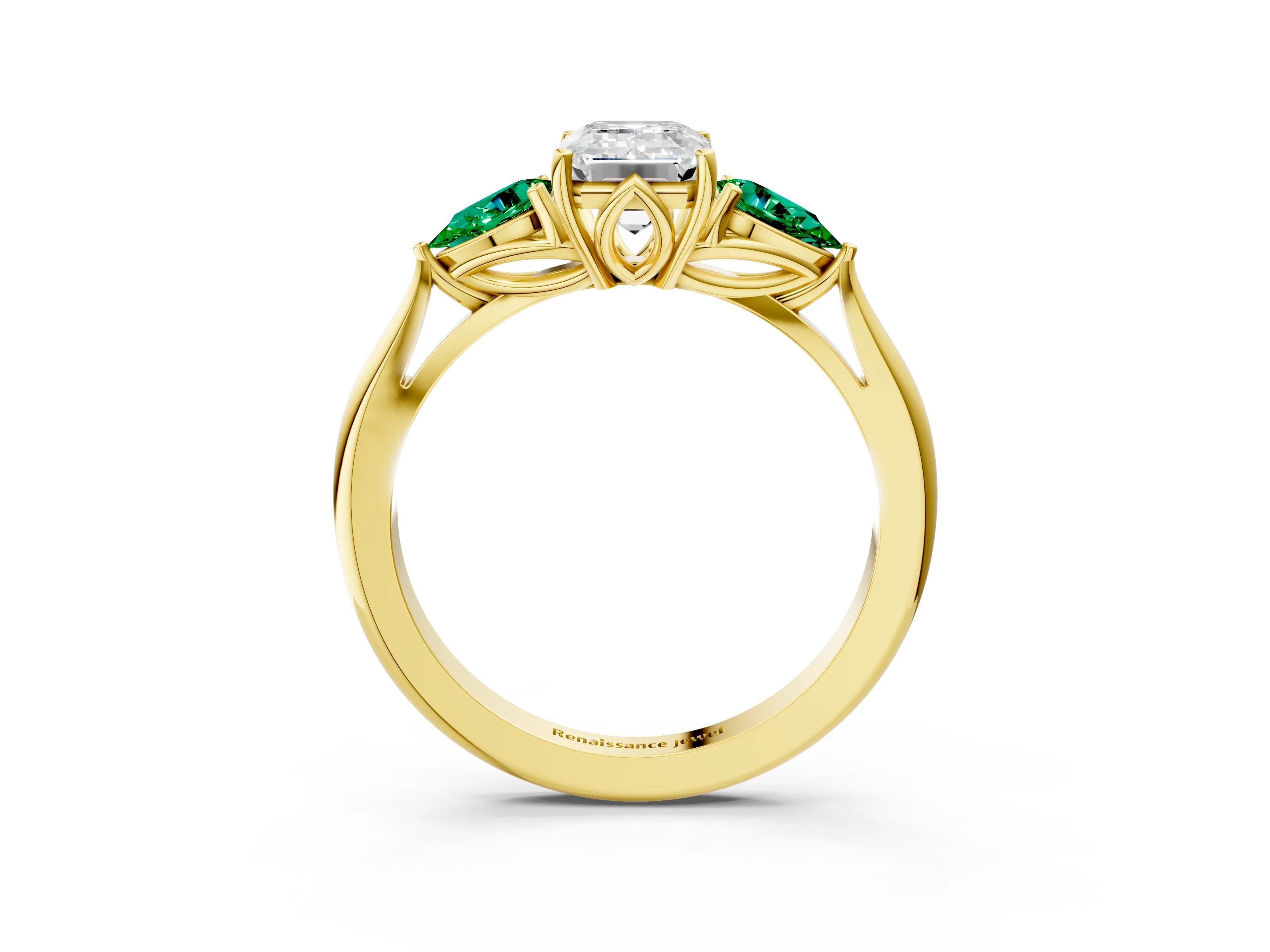 Yellow gold Emerald Cut Diamond Three-Stone Ring with Pear with Emerald side stone Side Stones and Prong Setting_3