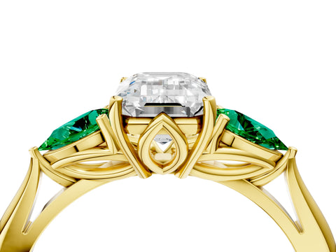Yellow gold Emerald Cut Diamond Three-Stone Ring with Pear with Emerald side stone Side Stones and Prong Setting_4