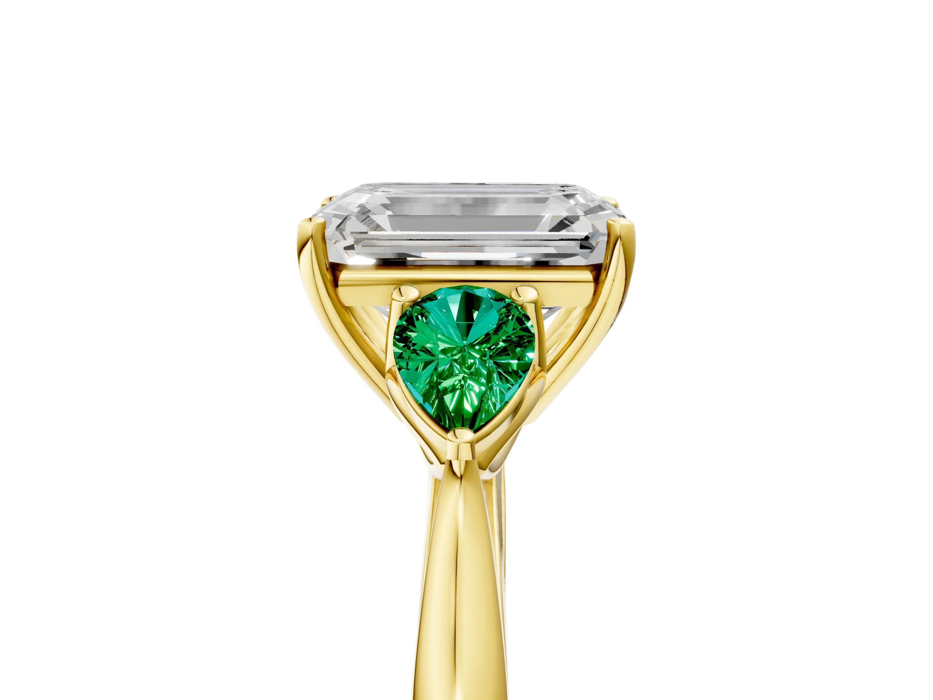 Yellow gold Emerald Cut Diamond Three-Stone Ring with Pear with Emerald side stone Side Stones and Prong Setting_5