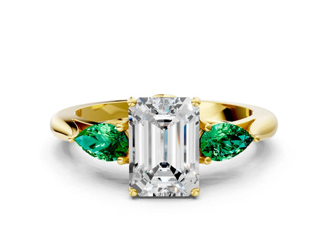 Yellow gold Emerald Cut Diamond Three-Stone Ring with Pear with Emerald side stone Side Stones and Prong Setting