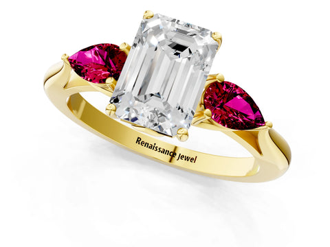 Yellow gold Emerald Cut Diamond Three-Stone Ring with Pear with Garnet side stone Side Stones and Prong Setting_1
