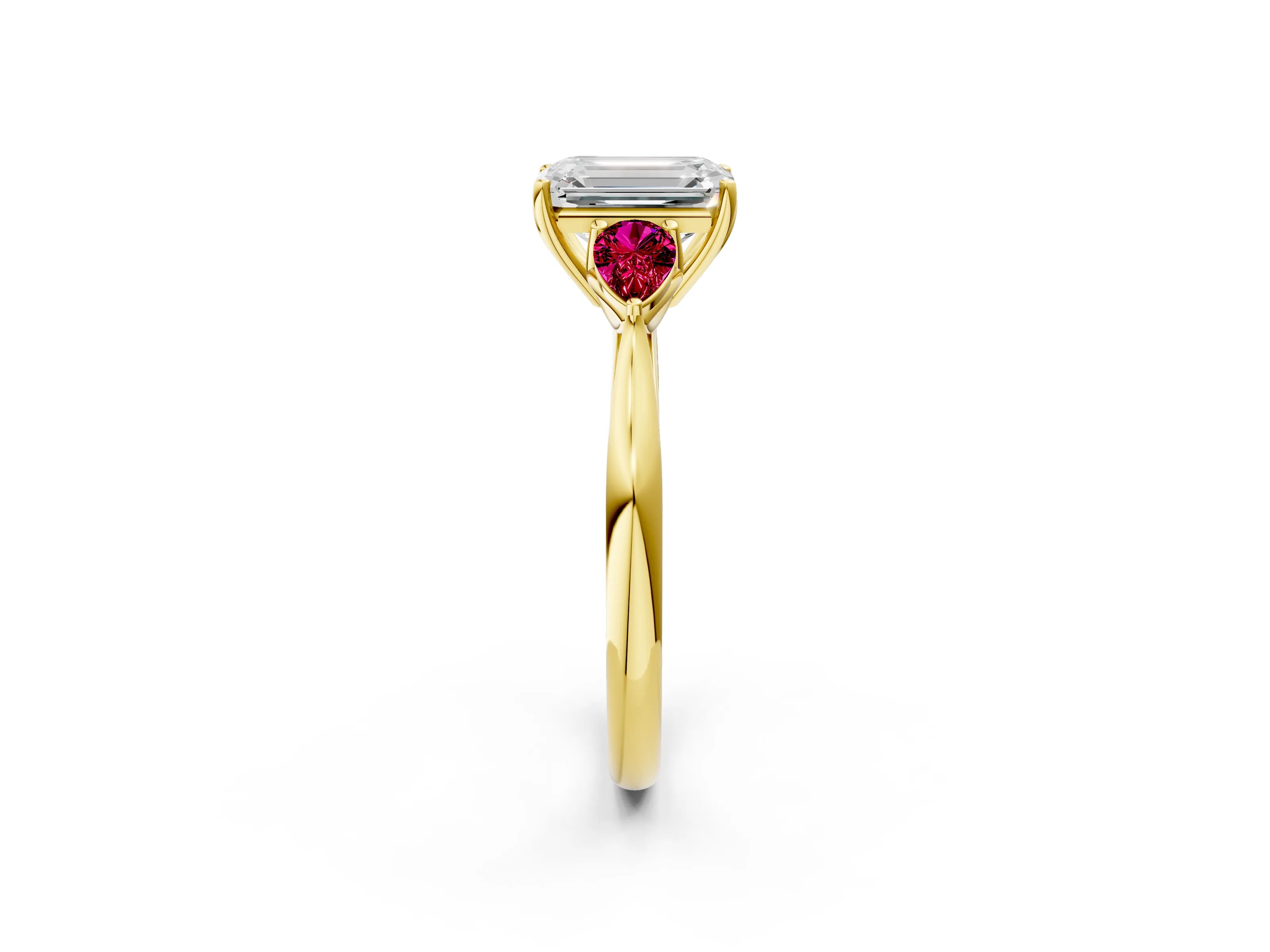 Yellow gold Emerald Cut Diamond Three-Stone Ring with Pear with Garnet side stone Side Stones and Prong Setting_2
