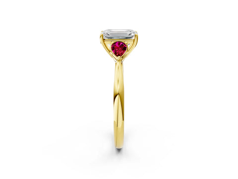Yellow gold Emerald Cut Diamond Three-Stone Ring with Pear with Garnet side stone Side Stones and Prong Setting_2