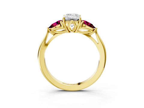 Yellow gold Emerald Cut Diamond Three-Stone Ring with Pear with Garnet side stone Side Stones and Prong Setting_3