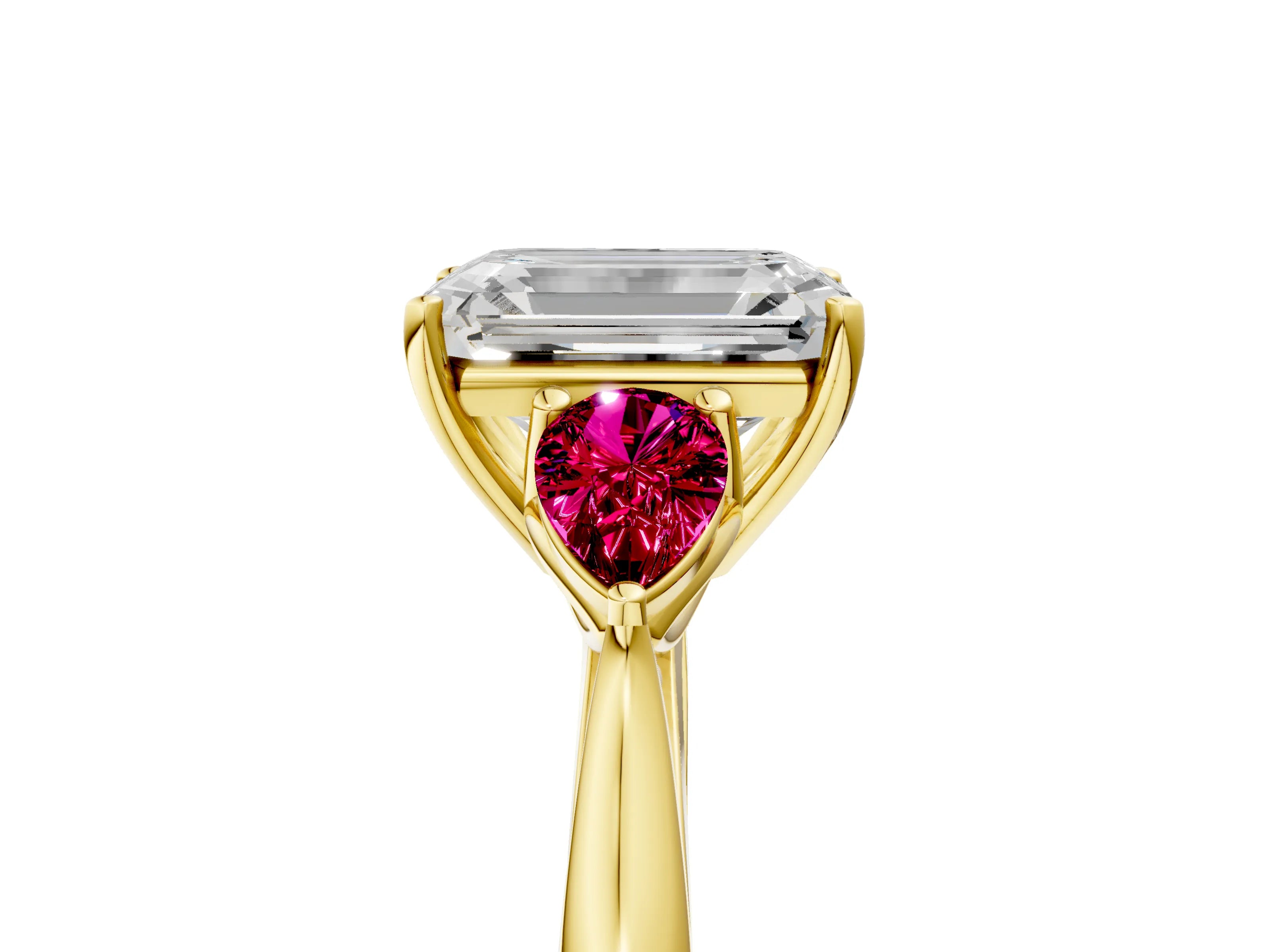 Yellow gold Emerald Cut Diamond Three-Stone Ring with Pear with Garnet side stone Side Stones and Prong Setting_5