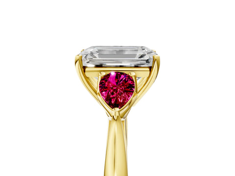 Yellow gold Emerald Cut Diamond Three-Stone Ring with Pear with Garnet side stone Side Stones and Prong Setting_5
