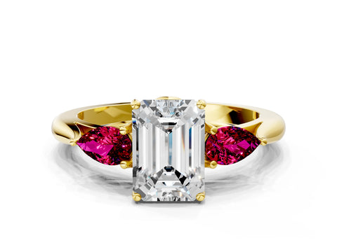 Yellow gold Emerald Cut Diamond Three-Stone Ring with Pear with Garnet side stone Side Stones and Prong Setting