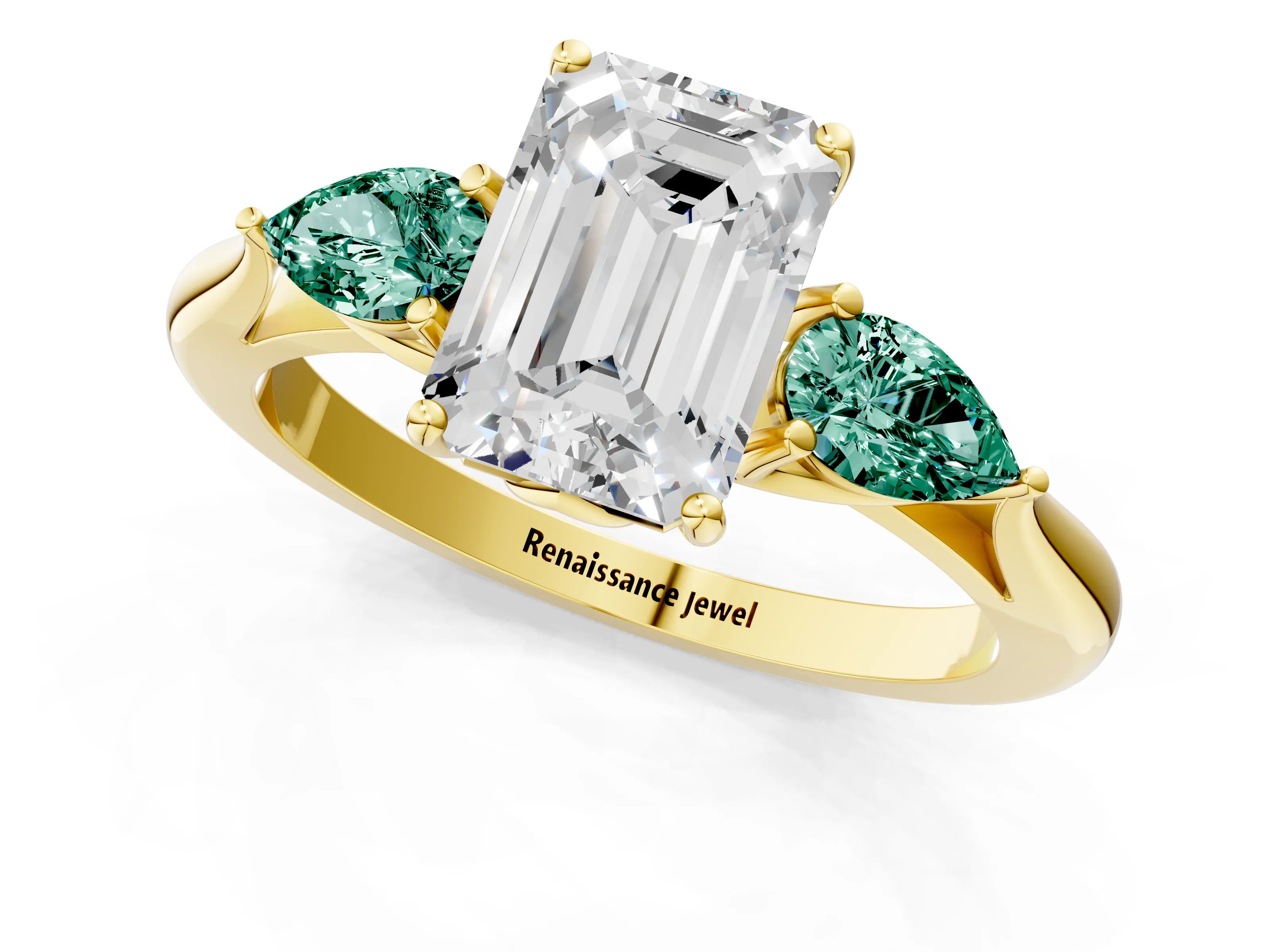 Yellow gold Emerald Cut Diamond Three-Stone Ring with Pear with Green Sapphire side stone Side Stones and Prong Setting_1