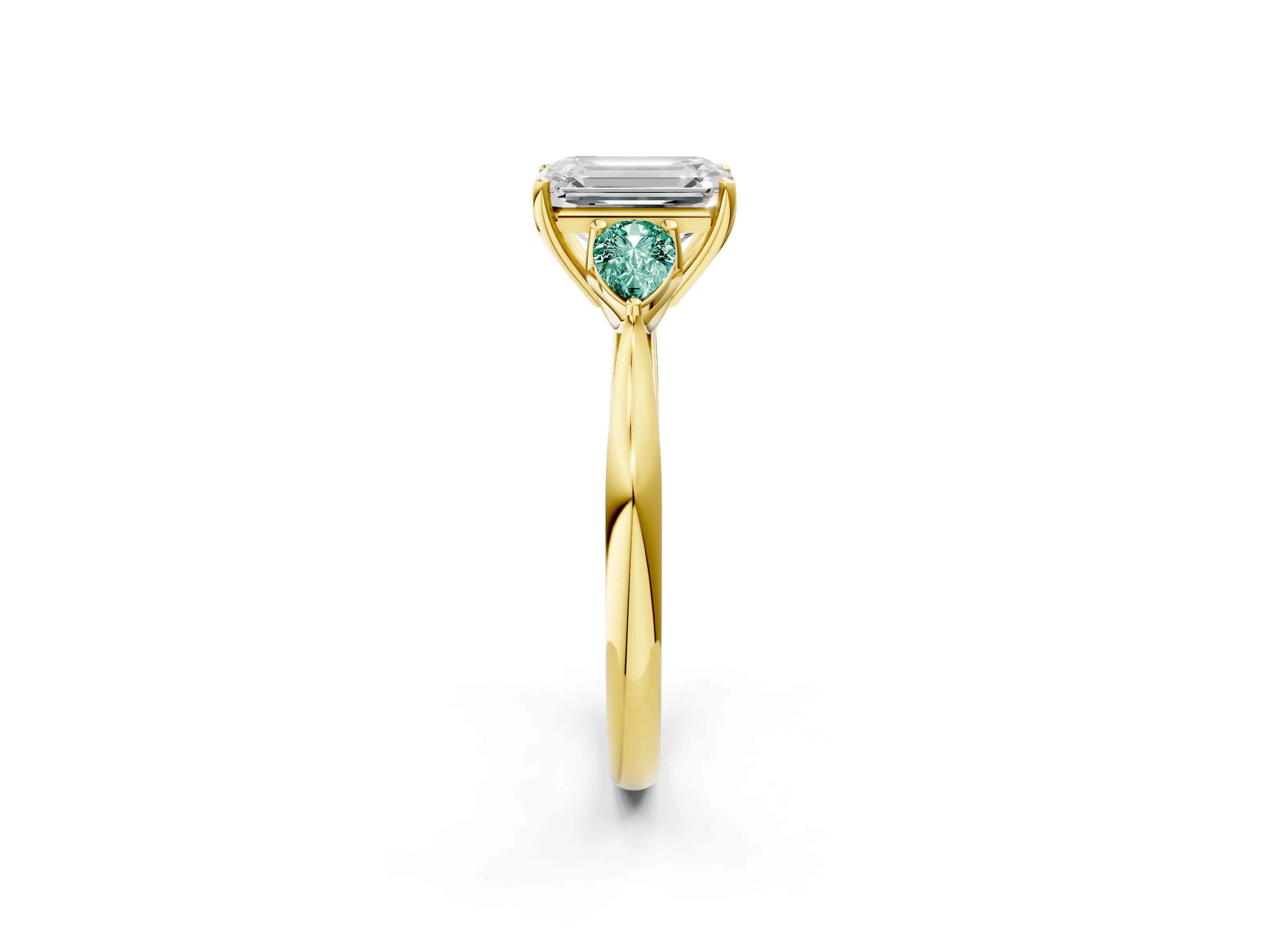Yellow gold Emerald Cut Diamond Three-Stone Ring with Pear with Green Sapphire side stone Side Stones and Prong Setting_2