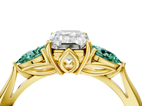 Yellow gold Emerald Cut Diamond Three-Stone Ring with Pear with Green Sapphire side stone Side Stones and Prong Setting_4