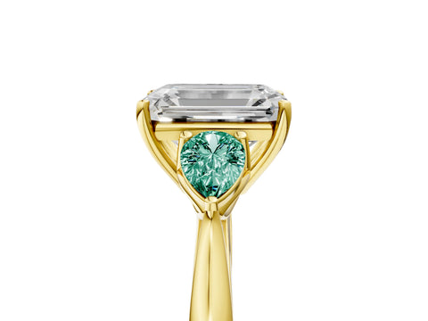 Yellow gold Emerald Cut Diamond Three-Stone Ring with Pear with Green Sapphire side stone Side Stones and Prong Setting_5