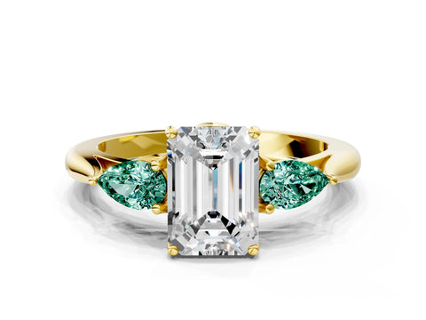 Yellow gold Emerald Cut Diamond Three-Stone Ring with Pear with Green Sapphire side stone Side Stones and Prong Setting