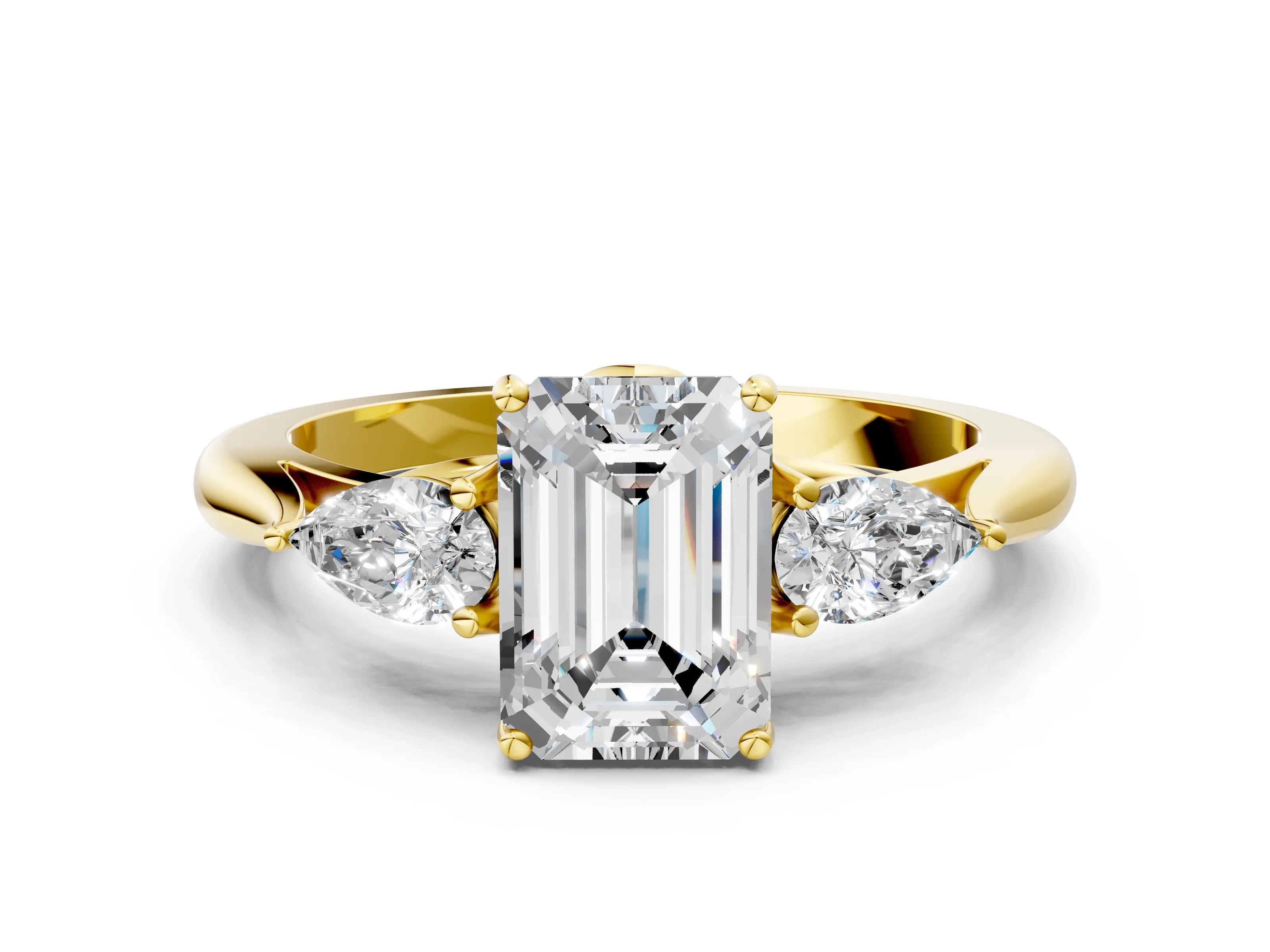 Yellow gold Emerald Cut Diamond Three-Stone Ring with Pear with Moissanite side stone Side Stones and Prong Setting