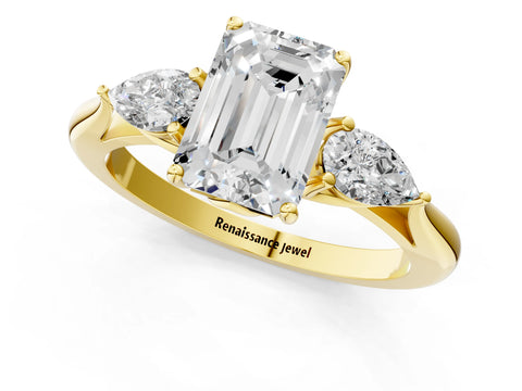 Yellow gold Emerald Cut Diamond Three-Stone Ring with Pear with Moissanite side stone Side Stones and Prong Setting_1