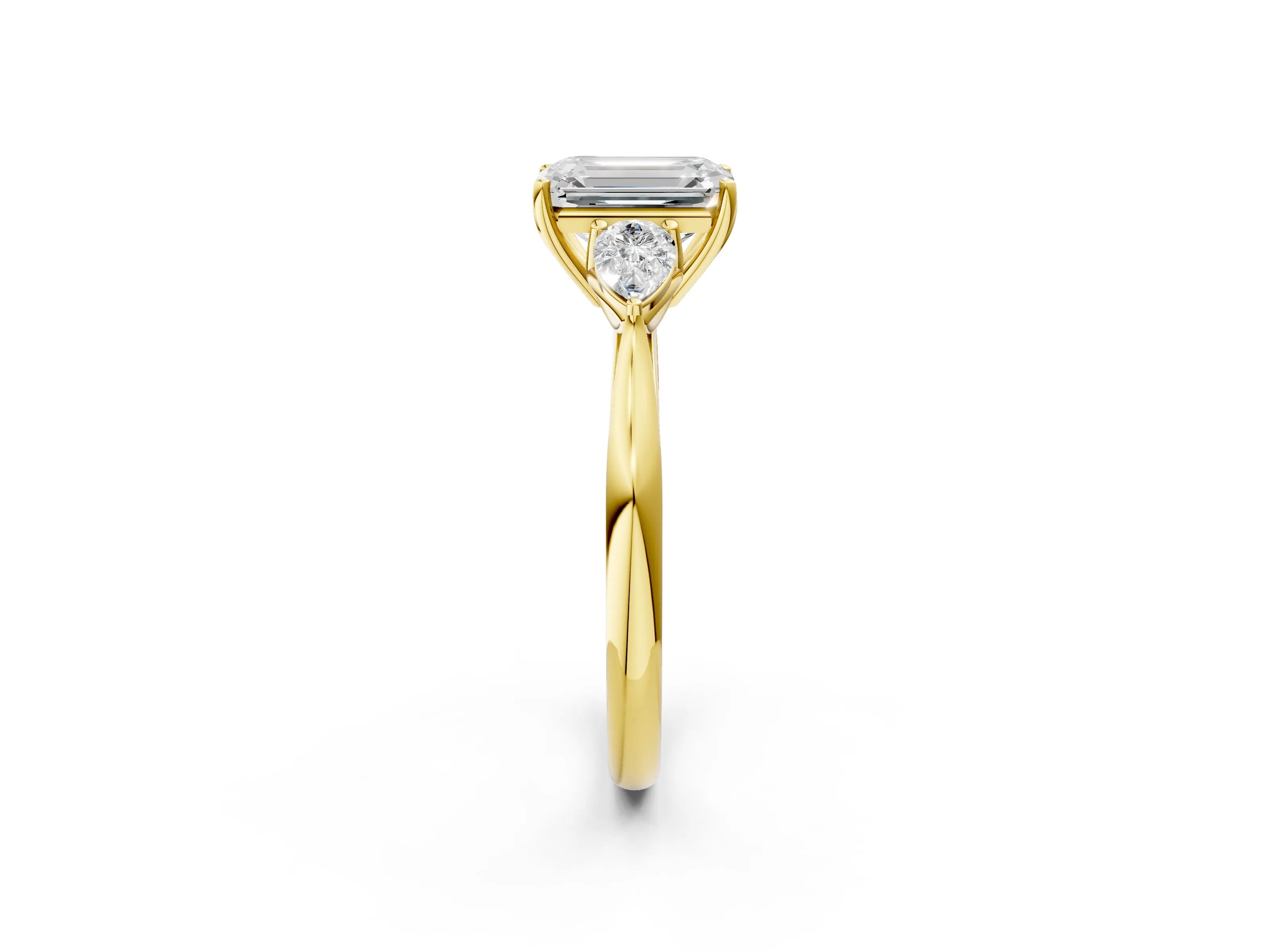 Yellow gold Emerald Cut Diamond Three-Stone Ring with Pear with Moissanite side stone Side Stones and Prong Setting_2