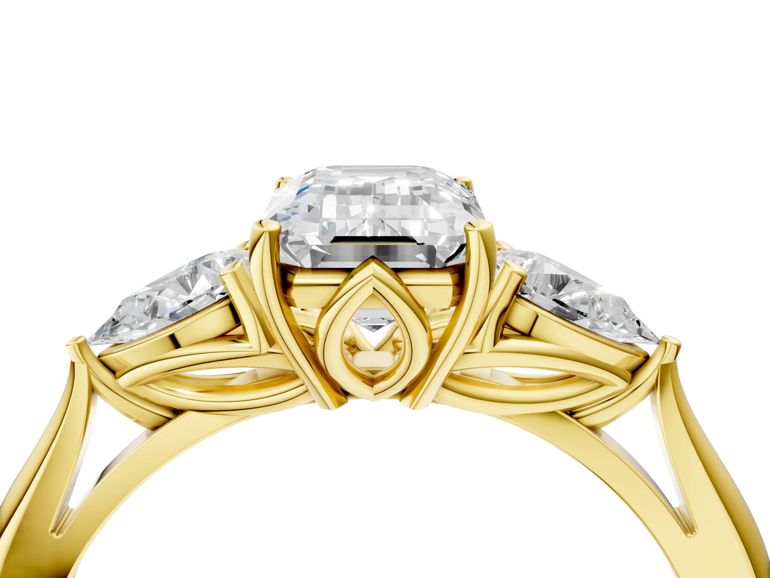 Yellow gold Emerald Cut Diamond Three-Stone Ring with Pear with Moissanite side stone Side Stones and Prong Setting_4