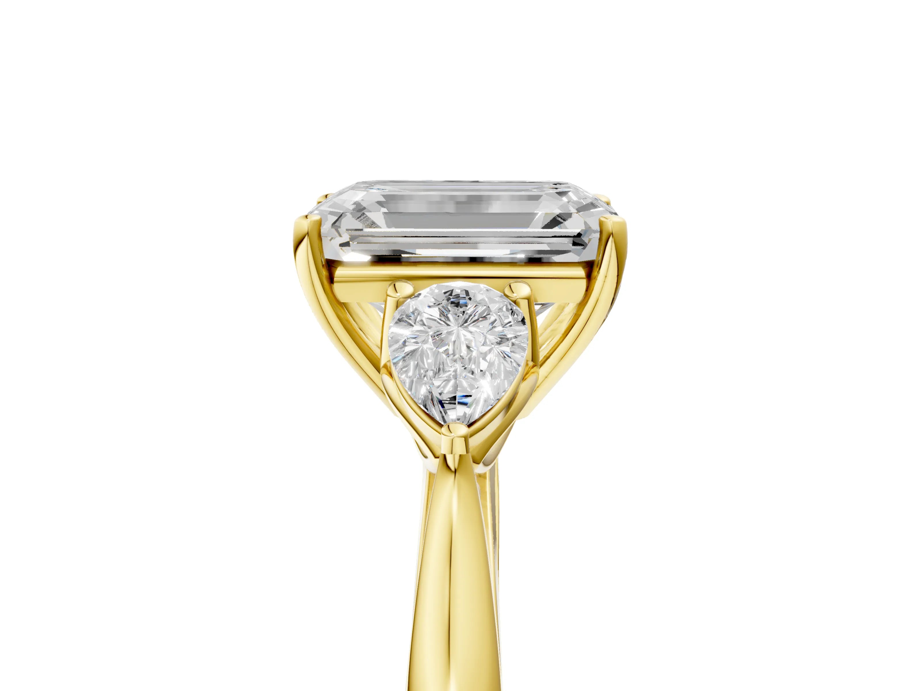 Yellow gold Emerald Cut Diamond Three-Stone Ring with Pear with Moissanite side stone Side Stones and Prong Setting_5
