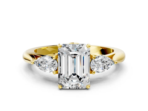 Yellow gold Emerald Cut Diamond Three-Stone Ring with Pear with Moissanite side stone Side Stones and Prong Setting