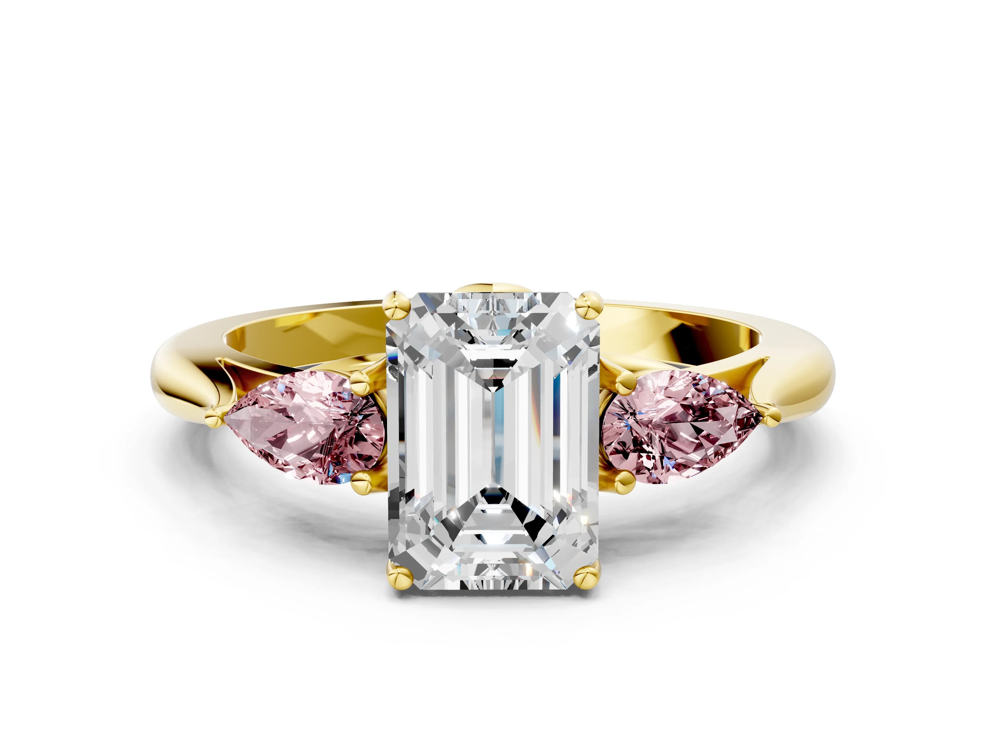 Yellow gold Emerald Cut Diamond Three-Stone Ring with Pear with Morganite side stone Side Stones and Prong Setting