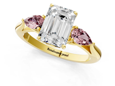 Yellow gold Emerald Cut Diamond Three-Stone Ring with Pear with Morganite side stone Side Stones and Prong Setting_1