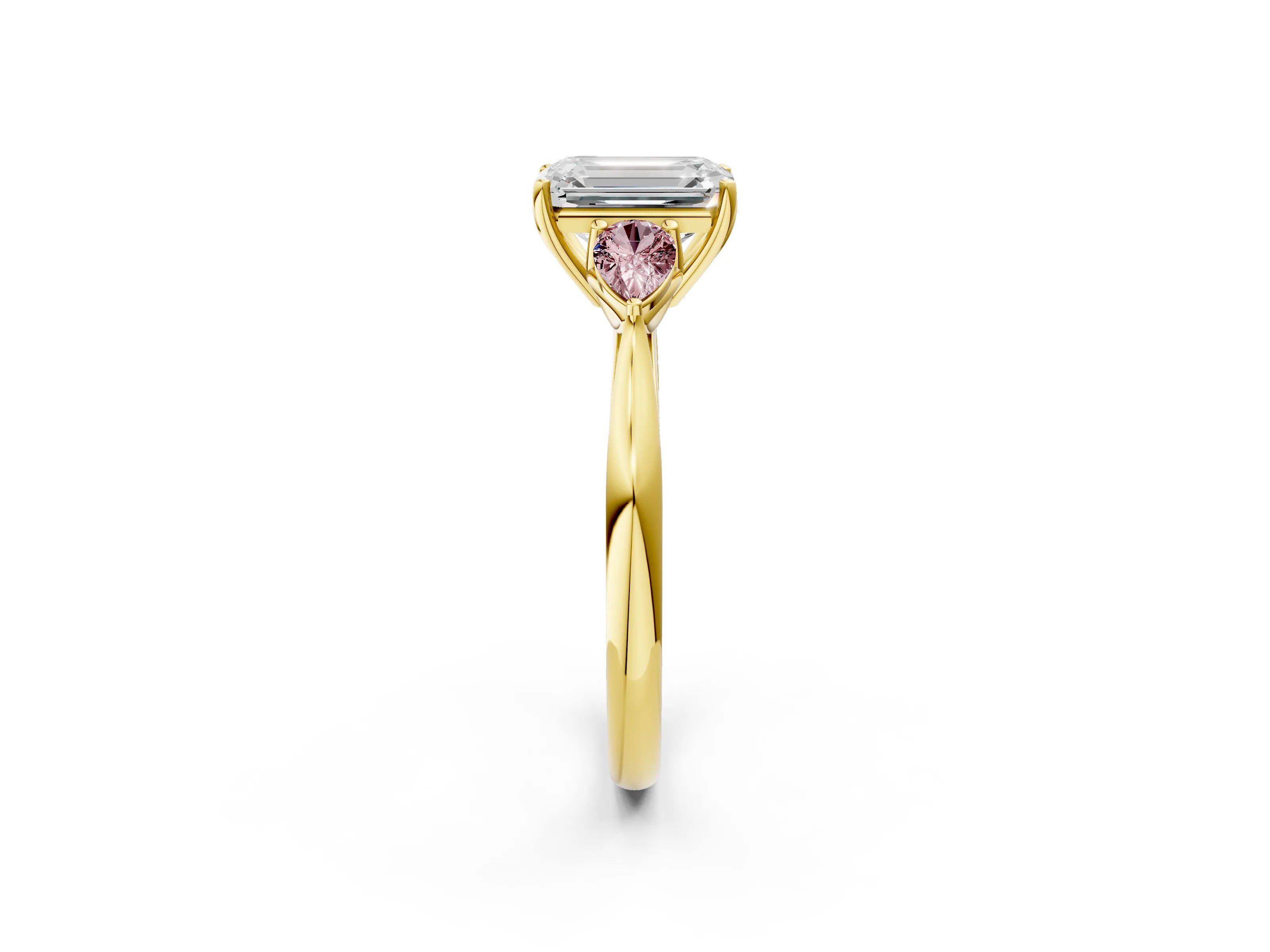Yellow gold Emerald Cut Diamond Three-Stone Ring with Pear with Morganite side stone Side Stones and Prong Setting_2