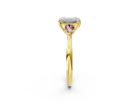 Yellow gold Emerald Cut Diamond Three-Stone Ring with Pear with Morganite side stone Side Stones and Prong Setting_2