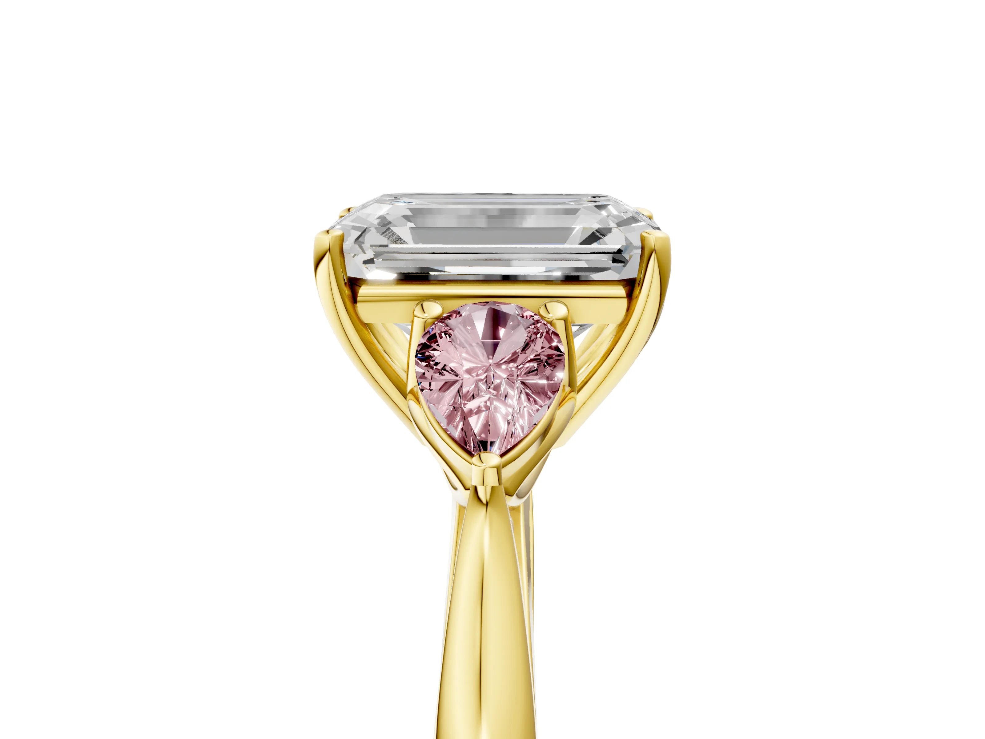 Yellow gold Emerald Cut Diamond Three-Stone Ring with Pear with Morganite side stone Side Stones and Prong Setting_5