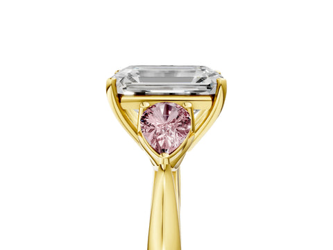 Yellow gold Emerald Cut Diamond Three-Stone Ring with Pear with Morganite side stone Side Stones and Prong Setting_5