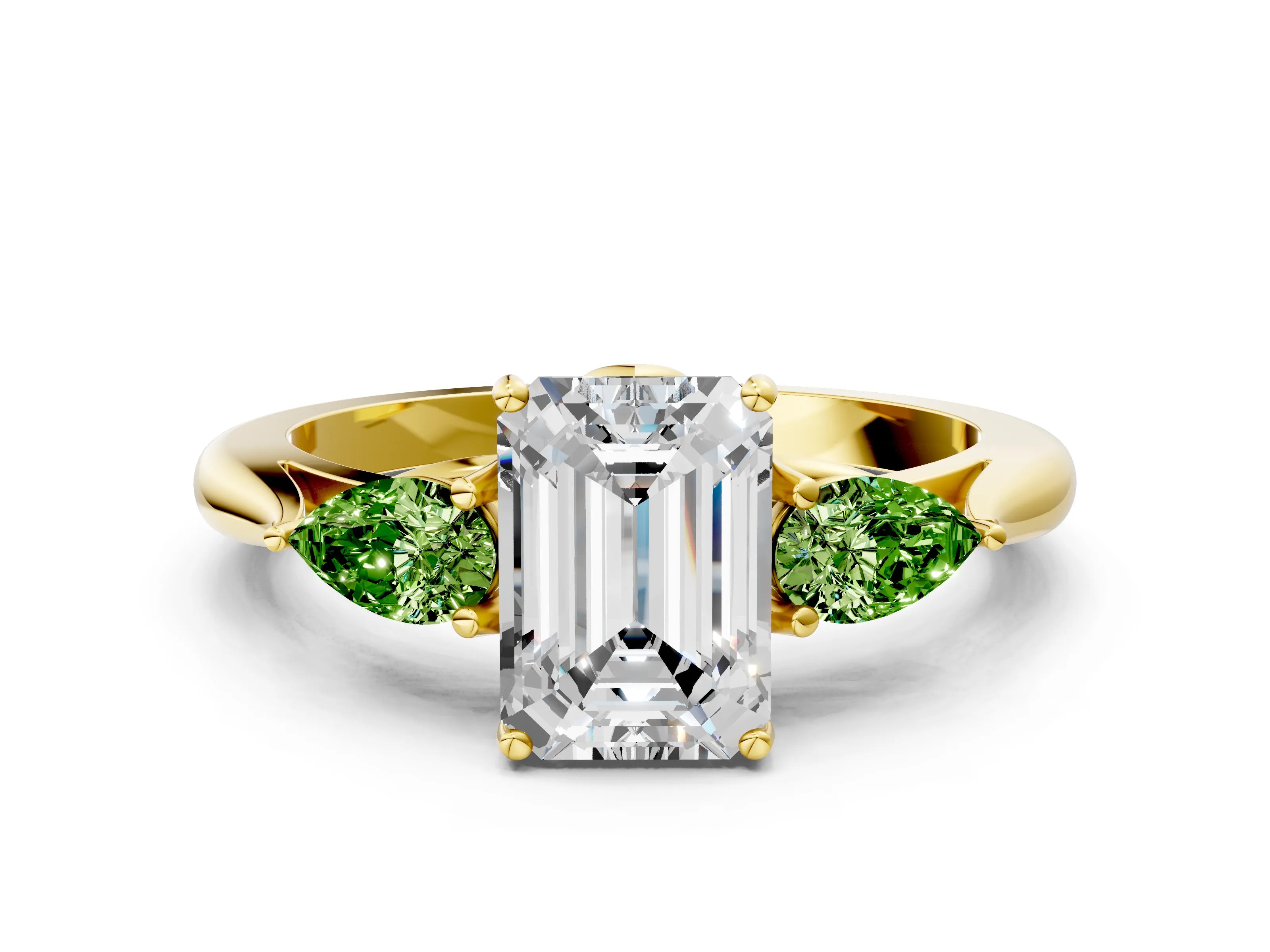 Yellow gold Emerald Cut Diamond Three-Stone Ring with Pear with Peridot side stone Side Stones and Prong Setting