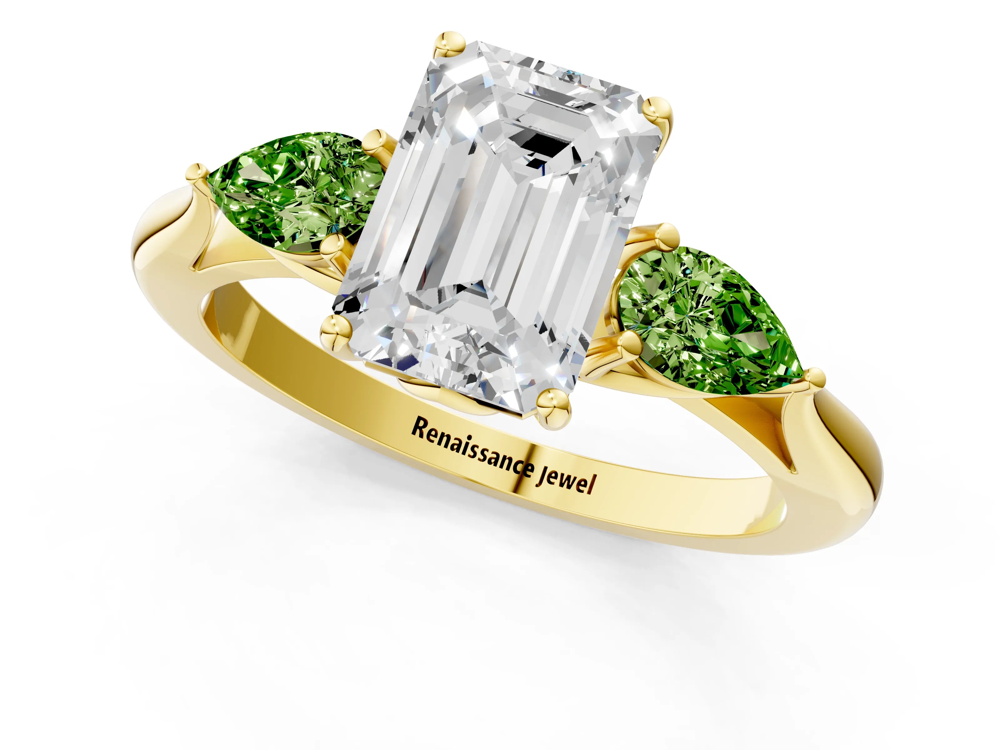 Yellow gold Emerald Cut Diamond Three-Stone Ring with Pear with Peridot side stone Side Stones and Prong Setting_1