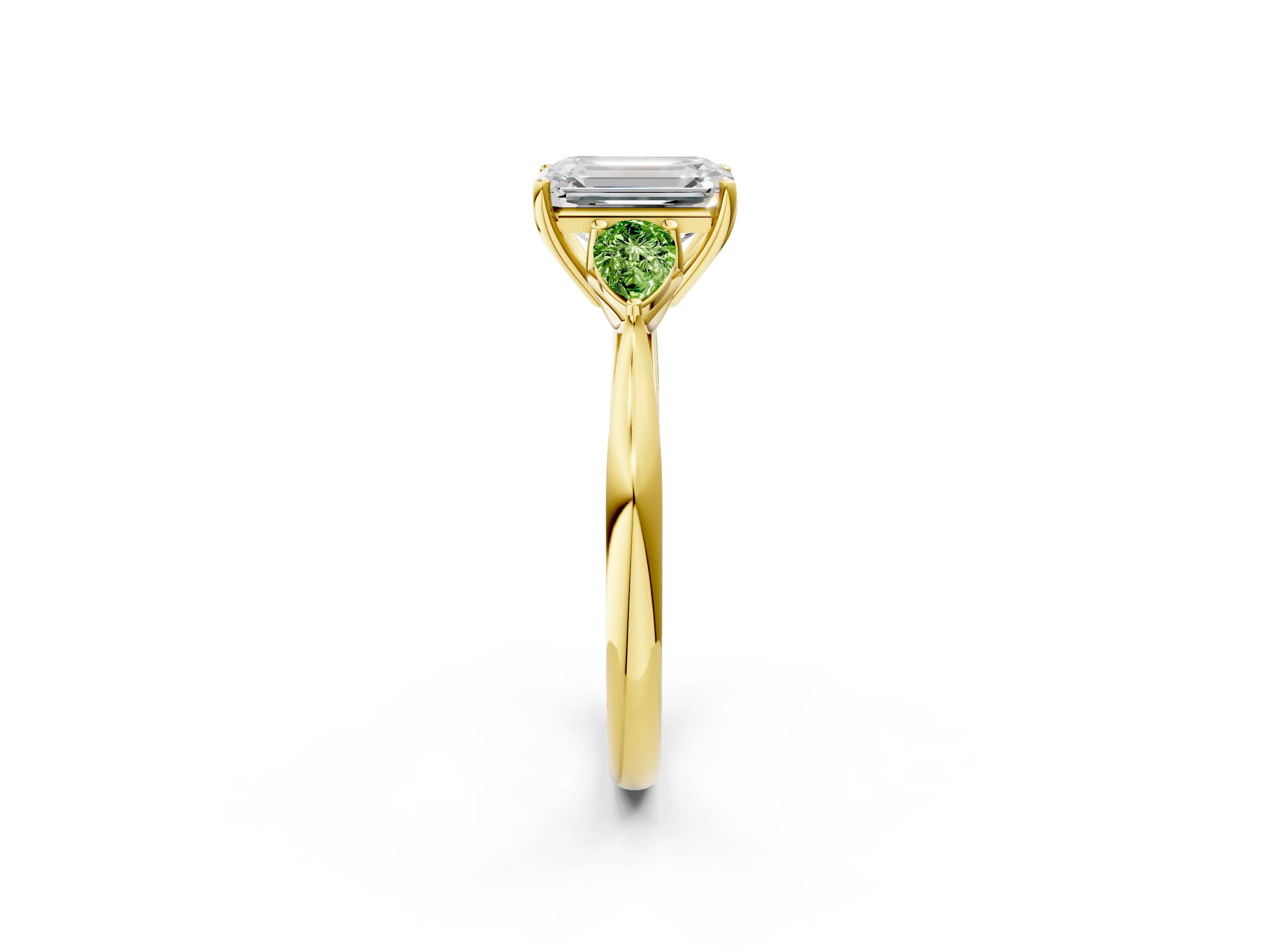 Yellow gold Emerald Cut Diamond Three-Stone Ring with Pear with Peridot side stone Side Stones and Prong Setting_2