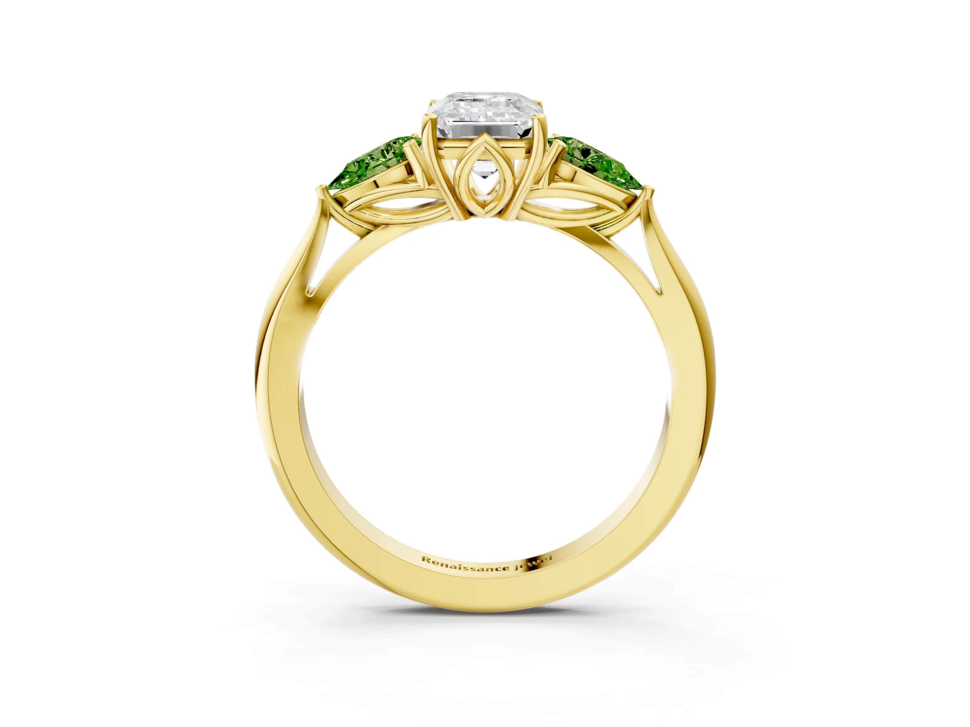 Yellow gold Emerald Cut Diamond Three-Stone Ring with Pear with Peridot side stone Side Stones and Prong Setting_3