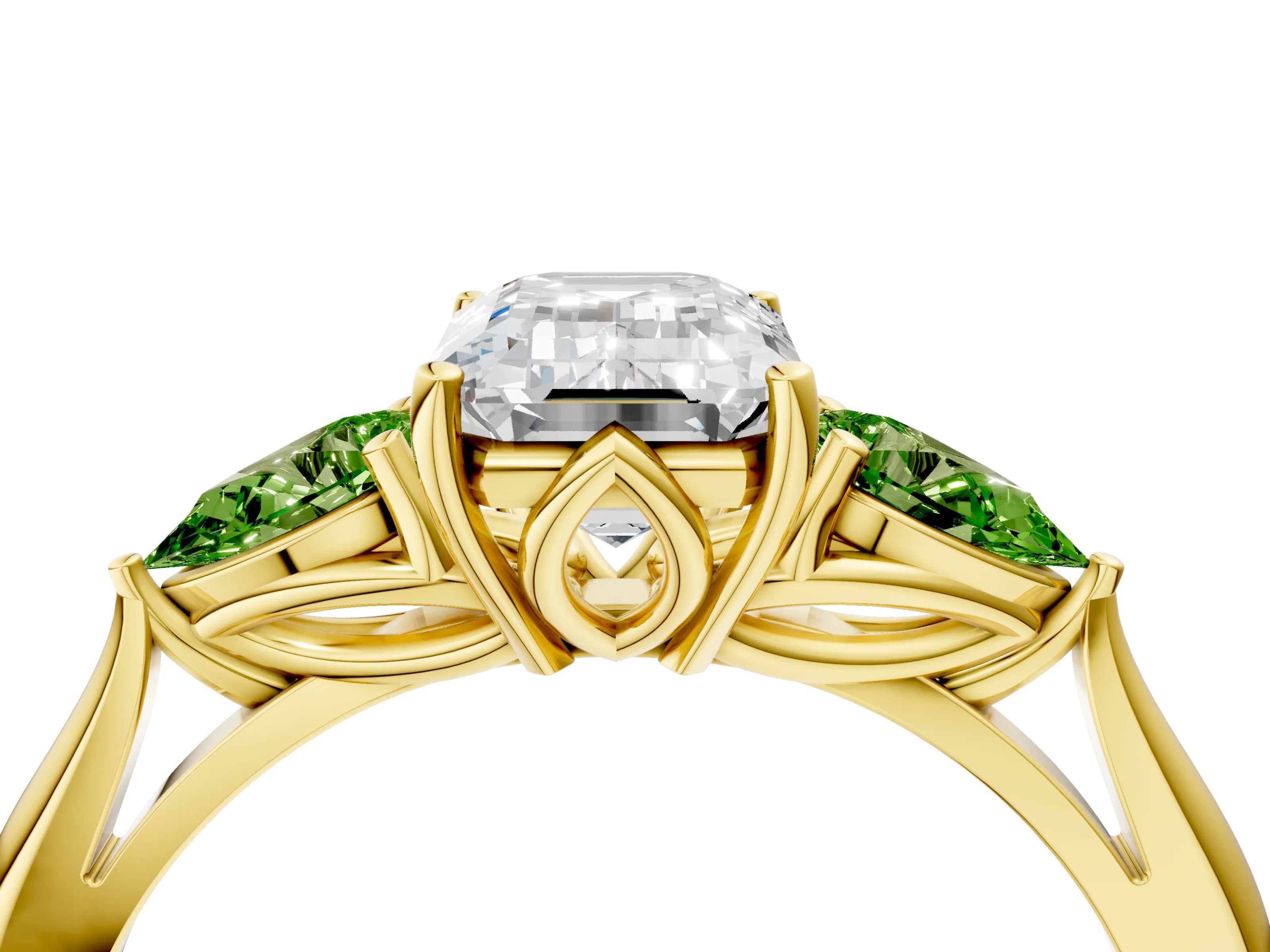 Yellow gold Emerald Cut Diamond Three-Stone Ring with Pear with Peridot side stone Side Stones and Prong Setting_4
