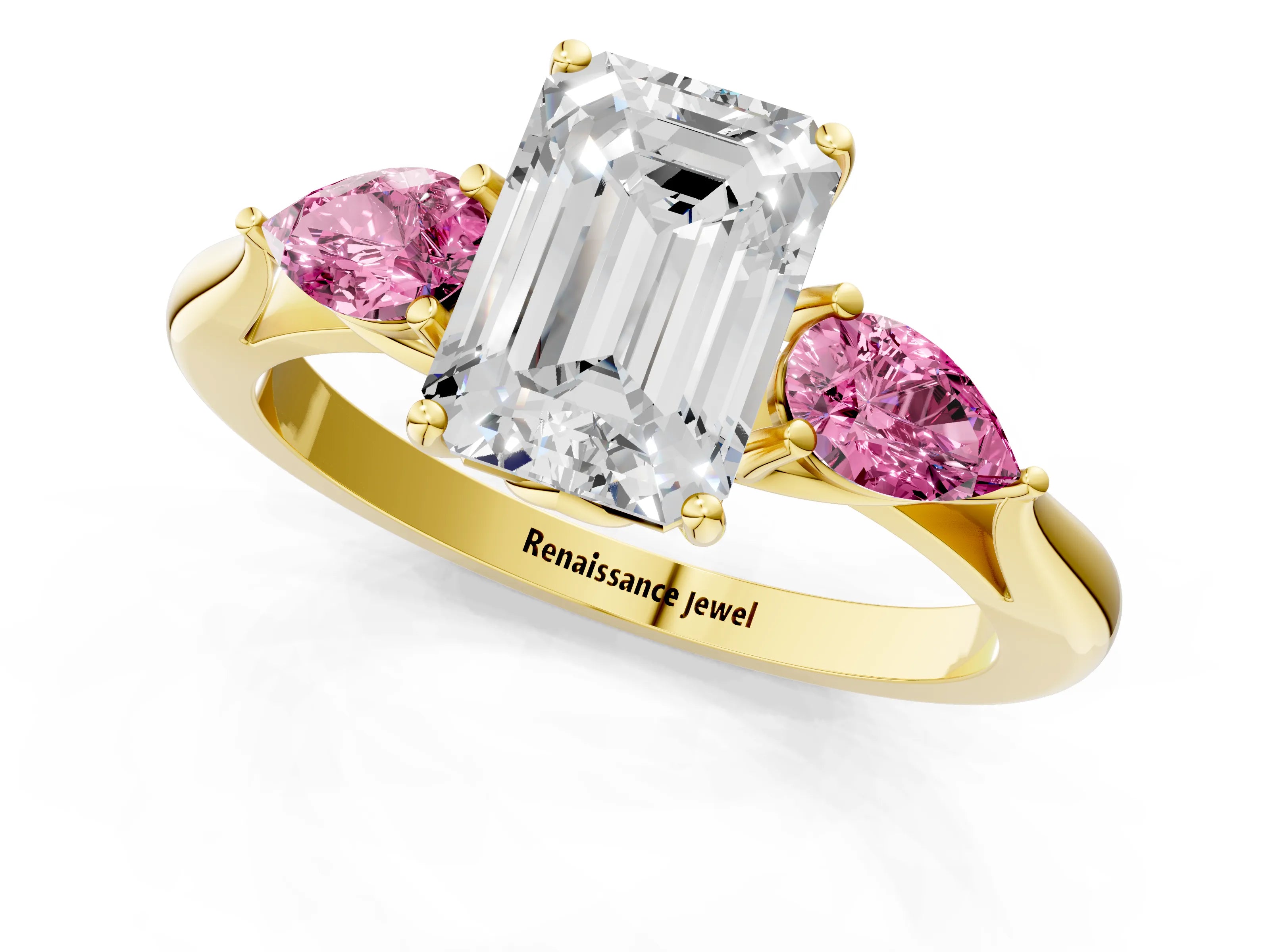 Yellow gold Emerald Cut Diamond Three-Stone Ring with Pear with Pink Sapphire side stone Side Stones and Prong Setting_1