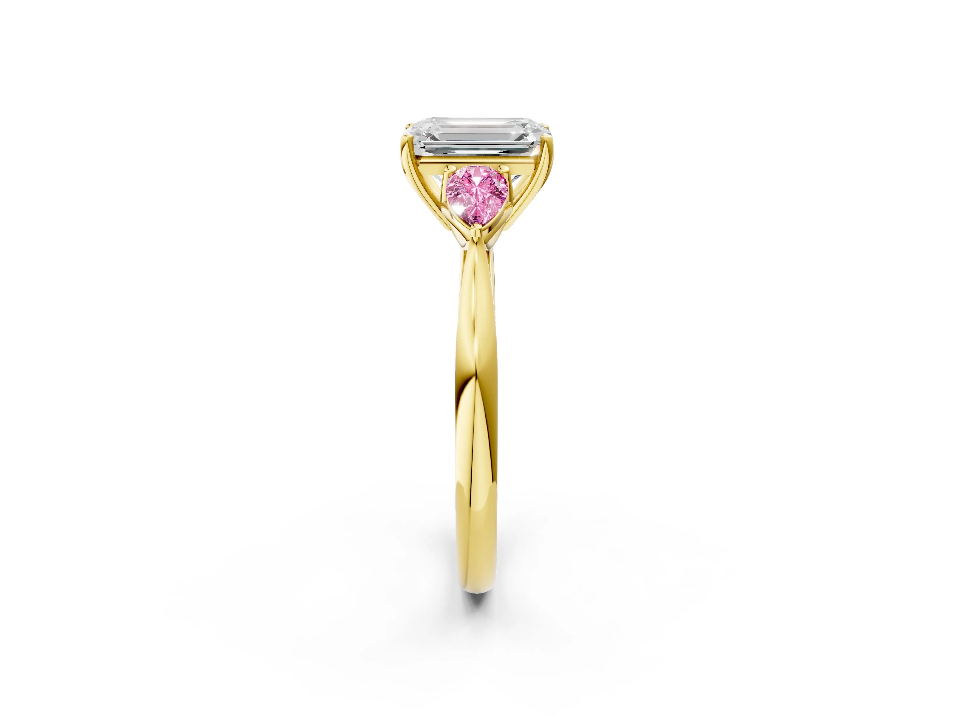 Yellow gold Emerald Cut Diamond Three-Stone Ring with Pear with Pink Sapphire side stone Side Stones and Prong Setting_2