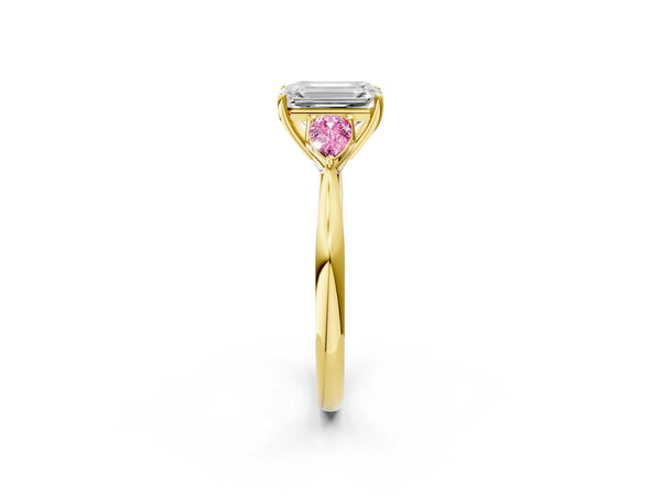Yellow Gold Emerald Cut Three Stone Engagement Ring Setting with Pear Lab-Grown Pink Sapphire Side Stones
