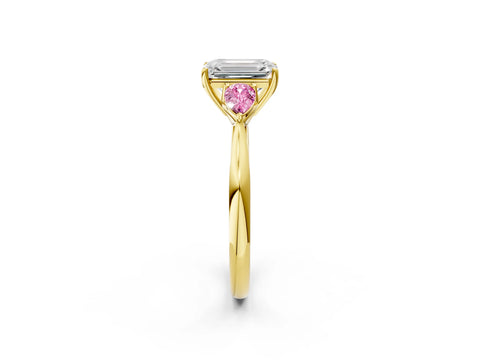 Yellow gold Emerald Cut Diamond Three-Stone Ring with Pear with Pink Sapphire side stone Side Stones and Prong Setting_2