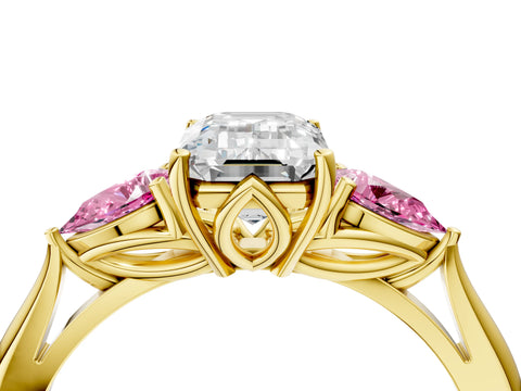 Yellow gold Emerald Cut Diamond Three-Stone Ring with Pear with Pink Sapphire side stone Side Stones and Prong Setting_4