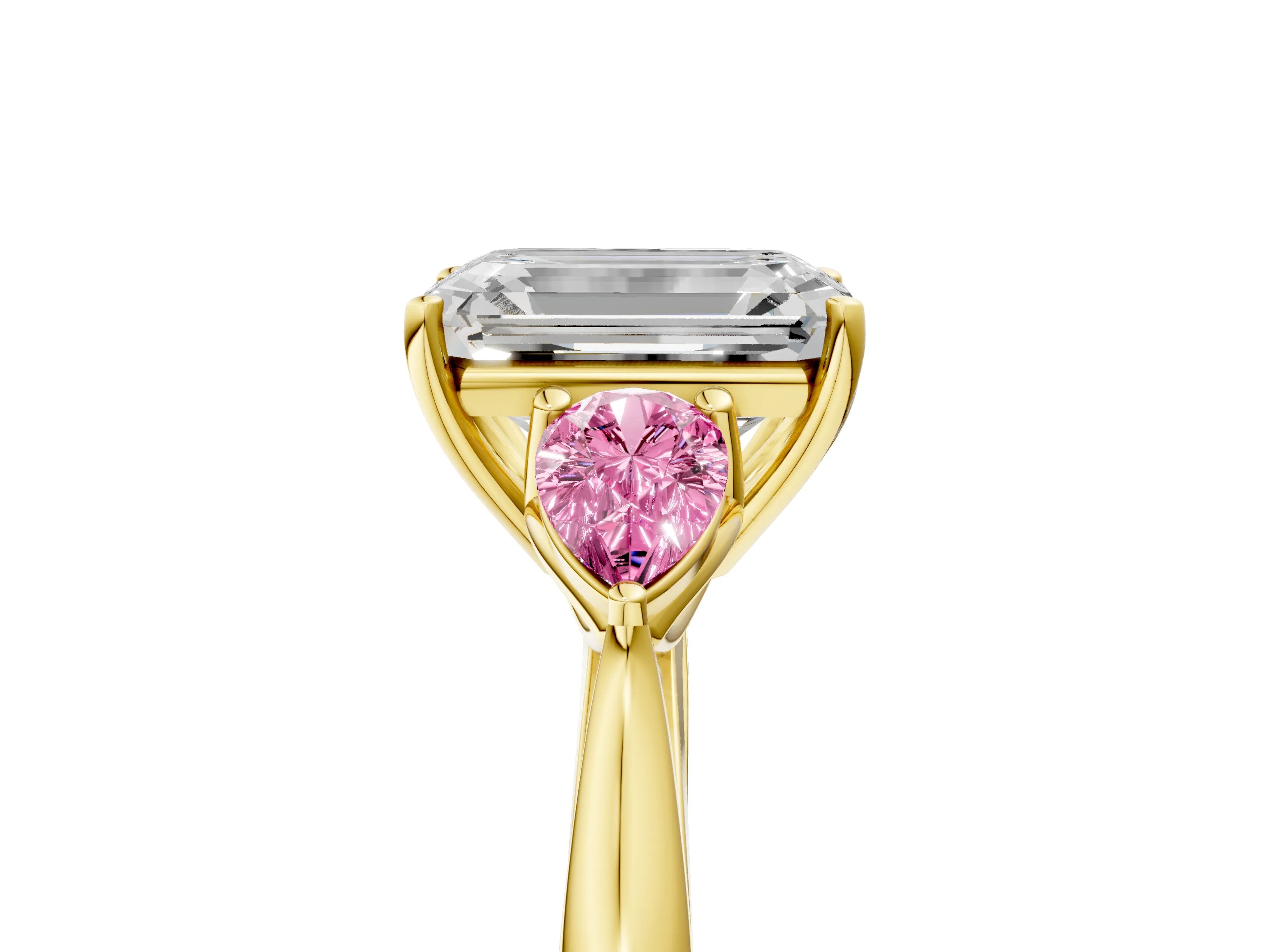 Yellow gold Emerald Cut Diamond Three-Stone Ring with Pear with Pink Sapphire side stone Side Stones and Prong Setting_5