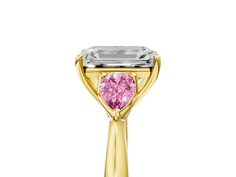 Yellow gold Emerald Cut Diamond Three-Stone Ring with Pear with Pink Sapphire side stone Side Stones and Prong Setting_5