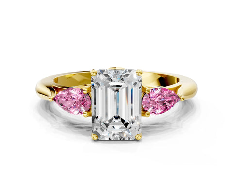 Yellow gold Emerald Cut Diamond Three-Stone Ring with Pear with Pink Sapphire side stone Side Stones and Prong Setting
