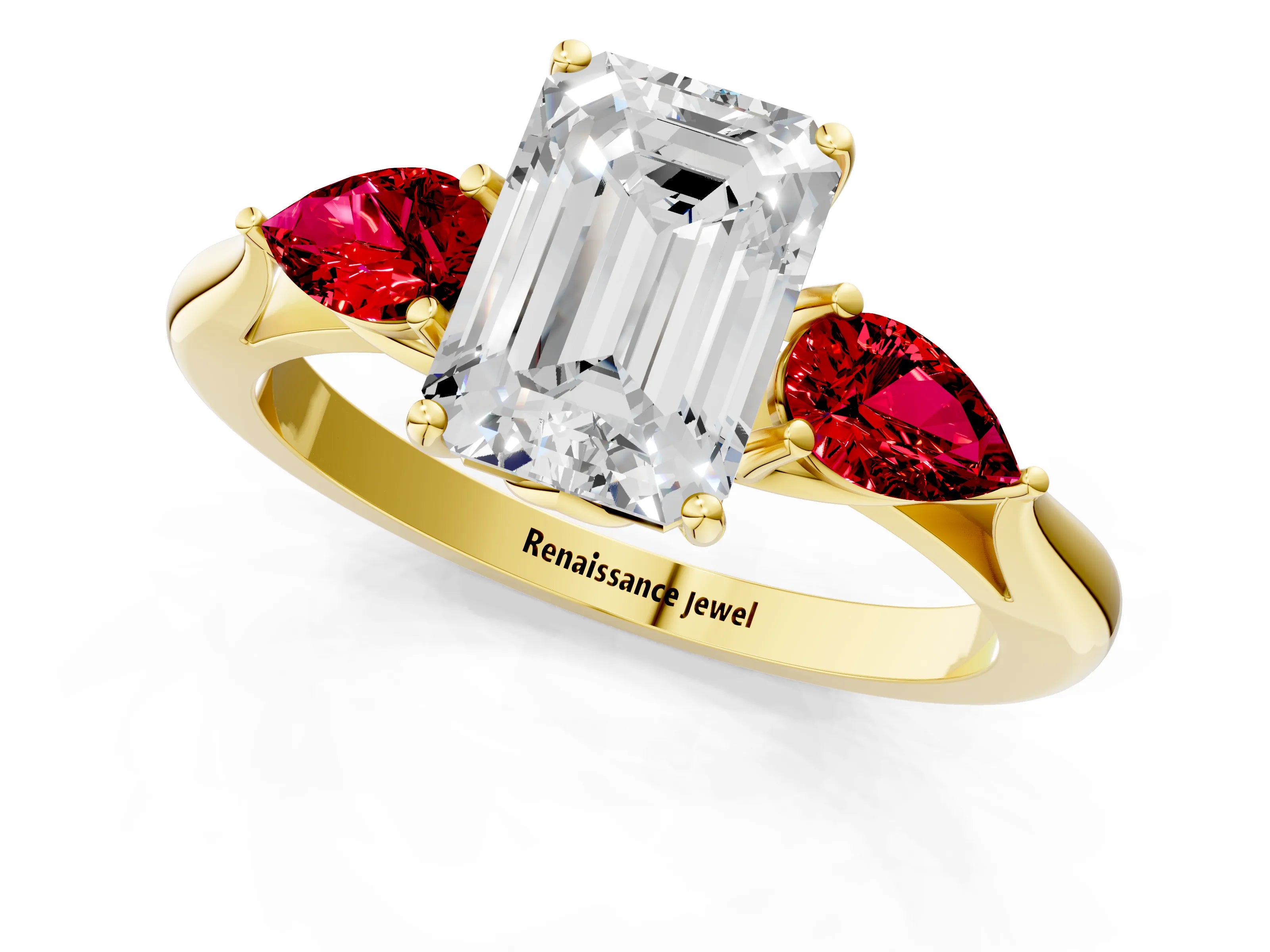 Yellow gold Emerald Cut Diamond Three-Stone Ring with Pear with Ruby side stone Side Stones and Prong Setting_1