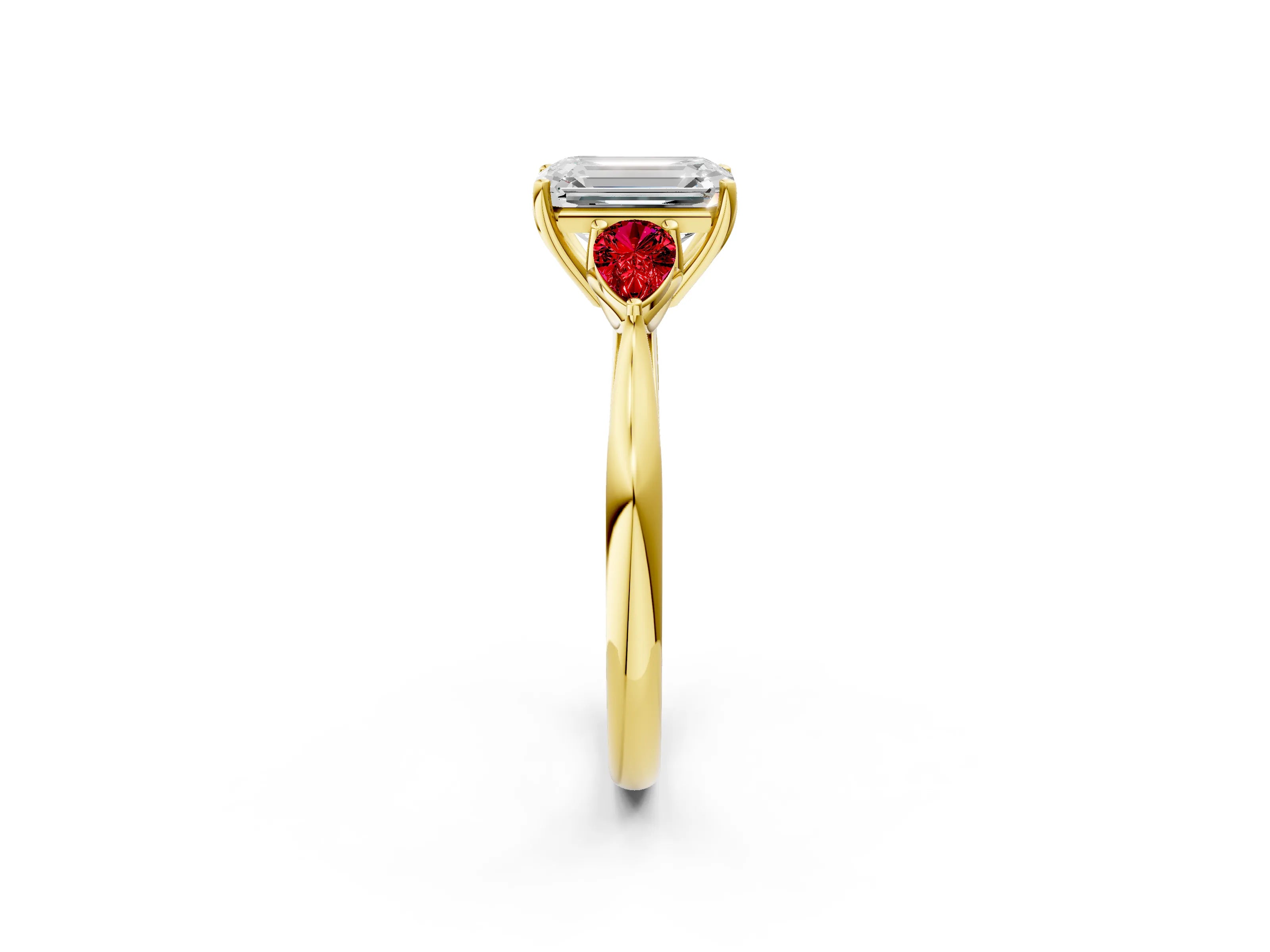 Yellow gold Emerald Cut Diamond Three-Stone Ring with Pear with Ruby side stone Side Stones and Prong Setting_2