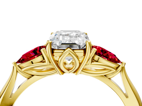 Yellow gold Emerald Cut Diamond Three-Stone Ring with Pear with Ruby side stone Side Stones and Prong Setting_4