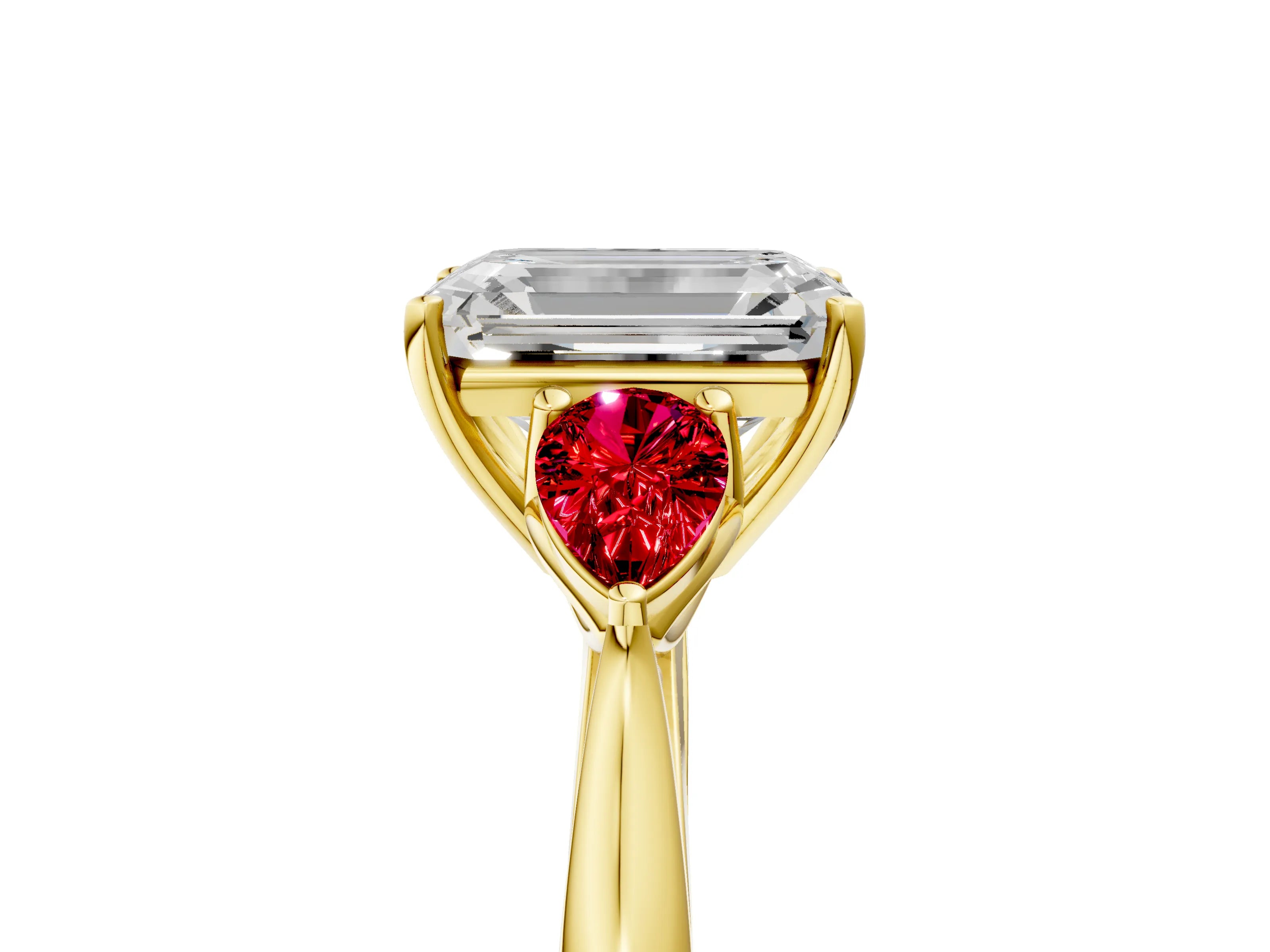 Yellow gold Emerald Cut Diamond Three-Stone Ring with Pear with Ruby side stone Side Stones and Prong Setting_5